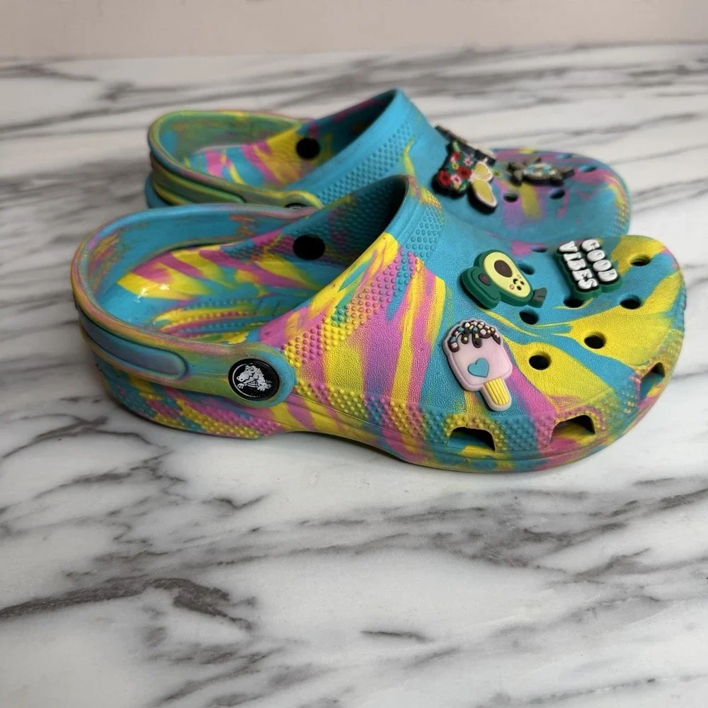 Crocs Classic Marbled Tie Dye Clogs Blue Pink Yellow Toddler SzJ 2 Girls Slip On